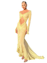 Spring Color Mesh See Through Low Cut Floor Tassel Long Sleeve Evening Maxi Dress